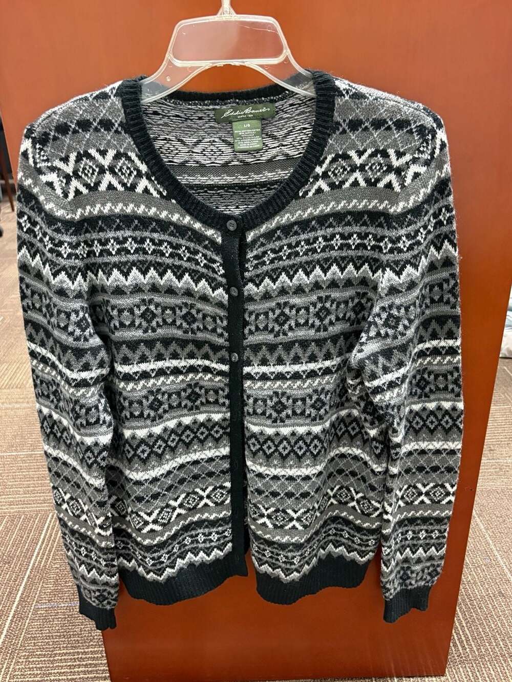 Eddie Bauer Fair Isle Cardigan Sweater Size L Gray Black Wool Blend